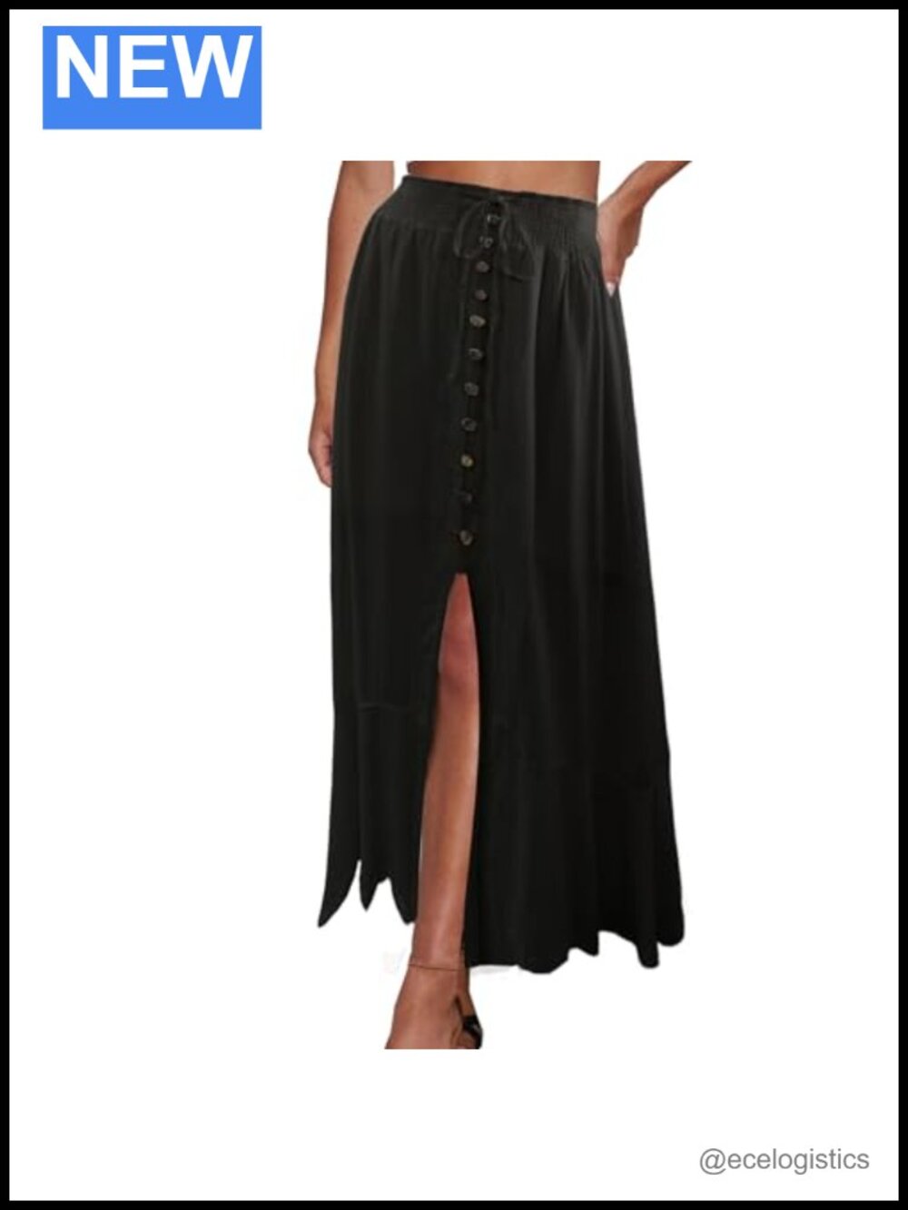 Maxi Skirt Cotton Slit Button Front Elastic Waist Flowy